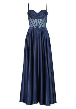 Marineblaues Satin-Abendkleid mit tailliertem Oberteil, durchsichtigen Netzpaneelen und einem schwingenden Rock, der bis zum Boden reicht. Verstellbare Spaghettiträger.