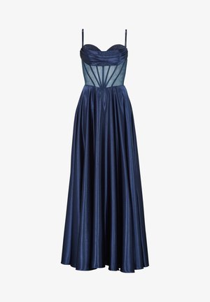 Marineblaues Satin-Abendkleid mit tailliertem Oberteil, durchsichtigen Netzpaneelen und einem schwingenden Rock, der bis zum Boden reicht. Verstellbare Spaghettiträger.