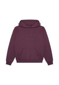 Bordowy kaptur z kieszenią kangurzą, z wytłoczonym napisem "LOKALNI BOHATEROWIE" z przodu, wykonany z miękkiej tkaniny bawełnianej.