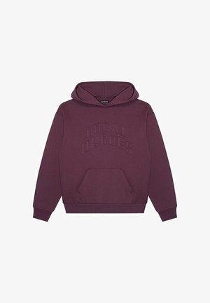Bordeauxfarbener Hoodie mit Kängurutasche, mit eingeprägtem Text "LOCAL HEROES" auf der Vorderseite, aus weichem Baumwollgemisch.