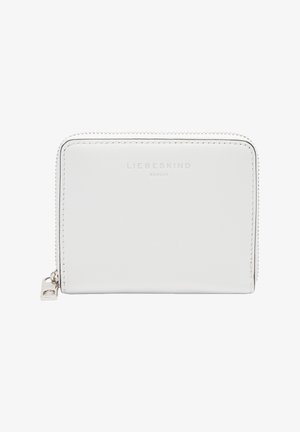 White leather wallet with a zip closure and silver hardware. Features embossed brand name on the front and sleek, rectangular design.