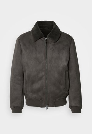 Dark gray faux suede bomber jacket with a soft, textured collar, zip closure, and ribbed cuffs and hem. Features side pockets.
