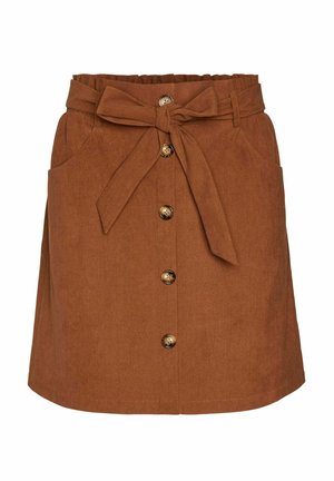 Mini-jupe en velours côtelé marron avec des boutons à l'avant, des poches latérales et une ceinture nouée à la taille.