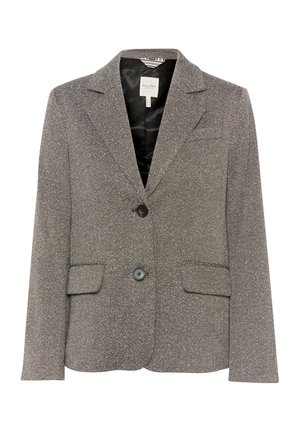 Šedý herringbone blazer s klopovým límcem, dvěma předními kapsami, zapínáním na jeden knoflík a saténovou podšívkou.
