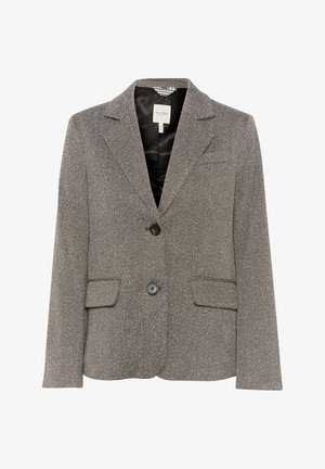 Hallhalli herringbone mustsakk, millel on klappkrae, kaks eesmist taskut, ühe nupuga sulgemine ja satiinikate.