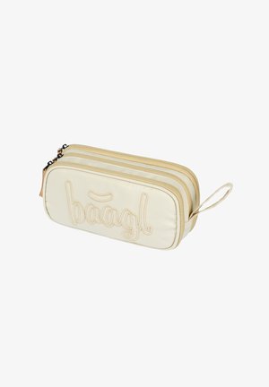 Astuccio in tessuto beige con tre scomparti con zip, logo in rilievo e manico ad anello. Superficie texturizzata con accenti crema.
