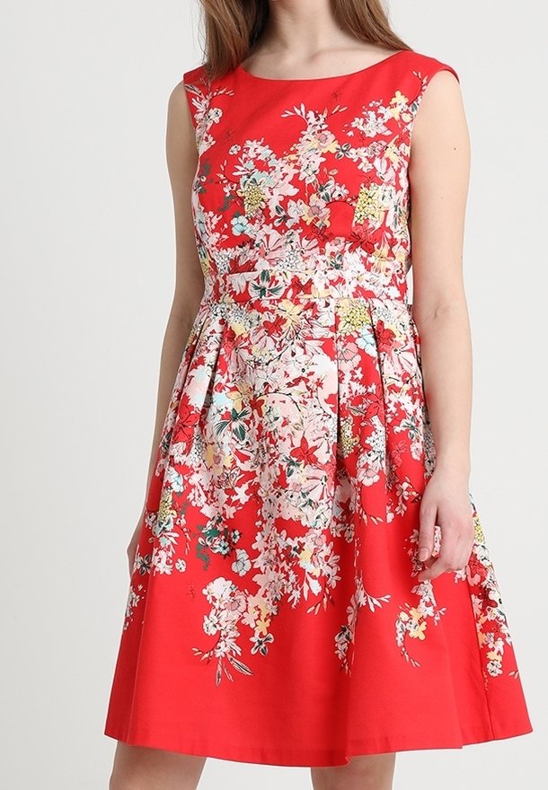 Robe rouge sans manches avec un corsage ajusté et une jupe évasée, avec un motif floral blanc, rose et vert sur toute la surface.