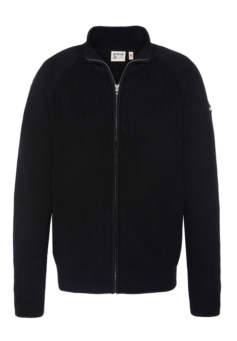 Svart stickad zip-up tröja med hög krage, ribbad struktur och åtsittande mudd. Enkelt mönster med minimala metallaccent.