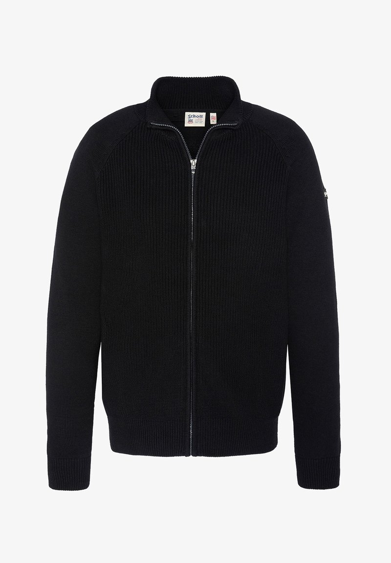 Svart stickad zip-up tröja med hög krage, ribbad struktur och åtsittande mudd. Enkelt mönster med minimala metallaccent.