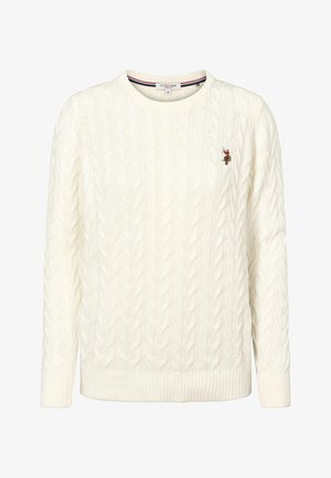 Kremen pulover s pletenim vzorcem, okroglim izrezom in rebrastimi manšetami. Na levi strani prsnega koša ima majhen vezen logotip.