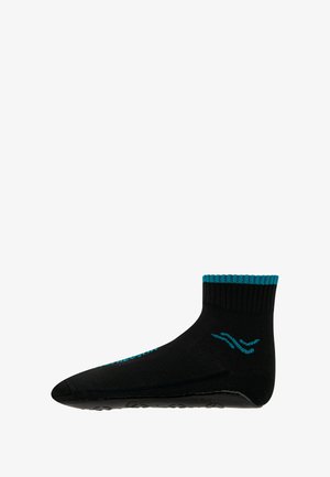 Black sock with a short ankle design, featuring a turquoise ribbed cuff and textured sole; includes a wavy pattern in turquoise.