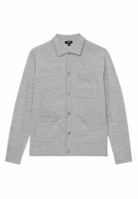 Grauer Pulloverjacke mit durchgehender Knopfleiste, zwei vorderen Taschen, Kragen und einem weichen, strukturierten Stoff.