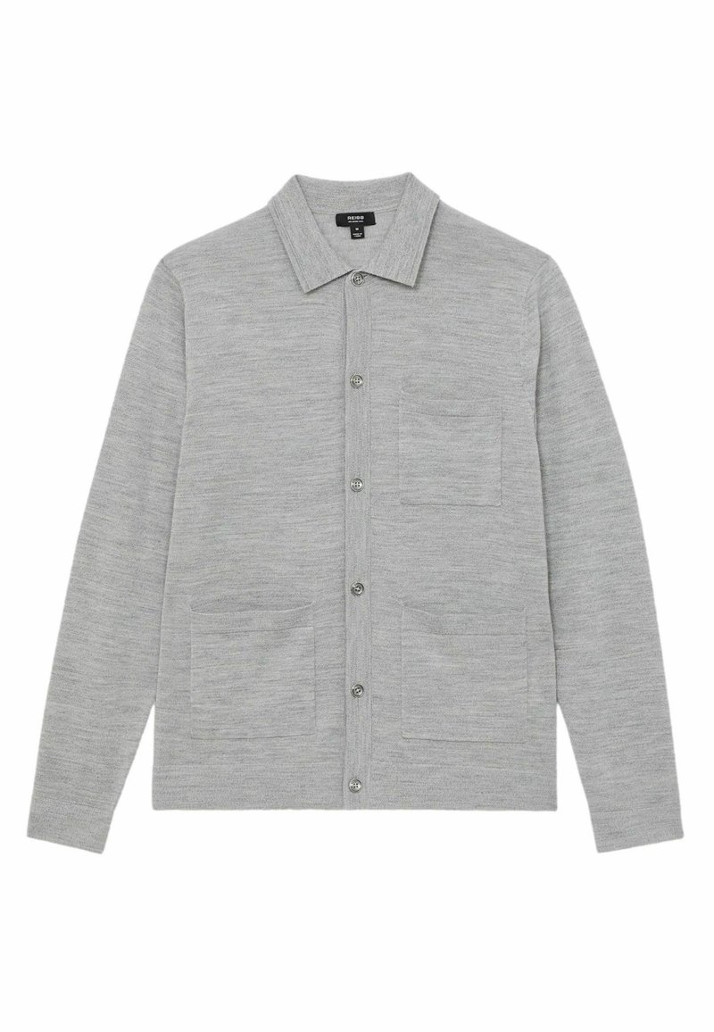 Grauer Pulloverjacke mit durchgehender Knopfleiste, zwei vorderen Taschen, Kragen und einem weichen, strukturierten Stoff.