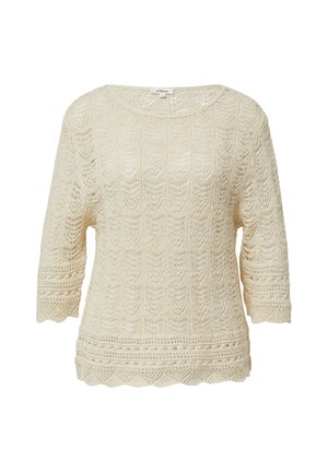 Sweter w kolorze kremowym z teksturowanym wzorem dzianiny, z łódkowym dekoltem i rękawami o długości trzy czwarte, zakończonymi falbanym wykończeniem.