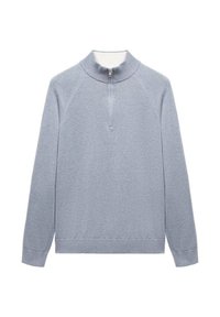 Hellblauer Pullover mit Viertel-Reißverschluss aus weichem Stoff. Verfügt über einen hohen Kragen und Raglanärmel sowie einen gerippten Saum und Bündchen.