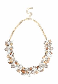 Collana in oro con una serie di gemme di diverse forme, chiare, ambra e marroni, disposte in un design simmetrico e ornato.