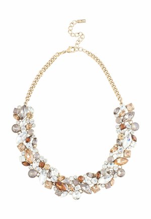 Gold chain necklace with clusters of clear, amber, and brown various-shaped gemstones arranged in a symmetrical, ornate design.