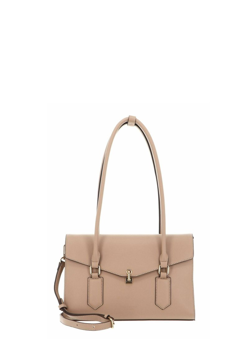 Sac à main rectangulaire en cuir beige avec rabat, fermeture dorée, double poignées supérieures et bandoulière ajustable sur fond blanc.