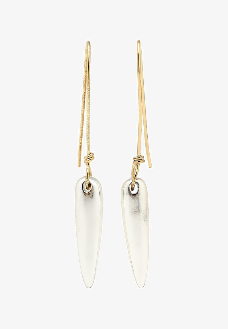 Boucles d'oreilles allongées en ton argenté avec une surface lisse, dotées de crochets dorés et d'accents en spirale. Design simple et moderne.