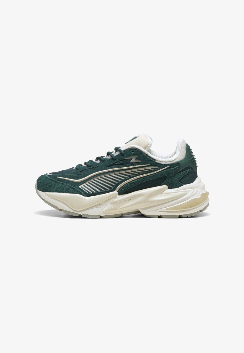 Green suede sneaker featuring a textured design, white accents, and a chunky cream sole. Notable side stripe detail and lacing.