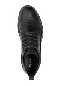 Black leather ankle boot with a round toe, laced front, contrasting tan stitching, and a small pull tab at the heel. Brand logo inside.