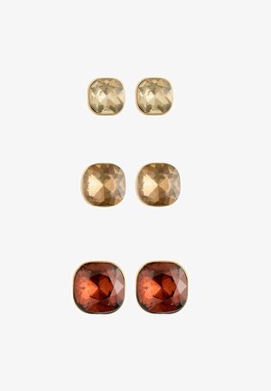 Square stud earrings featuring three pairs of faceted stones in light yellow, light brown, and deep red colors, set in gold-tone metal.