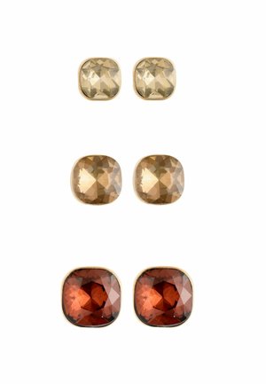 Square stud earrings featuring three pairs of faceted stones in light yellow, light brown, and deep red colors, set in gold-tone metal.