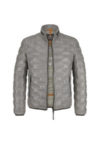 Helle graue gepolsterte Jacke mit Zip-Vorn, Stehkragen, zwei Seitentaschen und einer strukturierten Außenseite. Das Innere hat ein dezentes Muster.