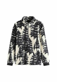 Fleece pullover med kvart-zip, med et sort-hvidt skovmønster. Blød tekstur, høj krave og sorte manchetter.