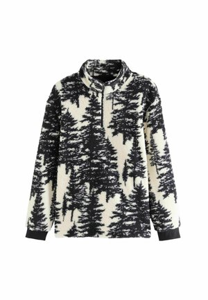 Fleece-Pullover mit einem Viertel-Reißverschluss, der ein schwarz-weißes Waldmuster aufweist. Weiche Textur, hoher Kragen und schwarze Bündchen.