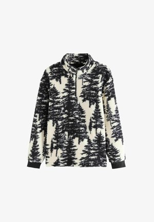 Pullover in pile con zip a quarto, caratterizzato da un motivo di bosco bianco e nero. Texture morbida, alto colletto e polsini neri.