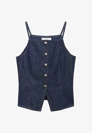 Top senza maniche in denim scuro con spalline sottili, caratterizzato da una chiusura frontale con bottoni e un orlo dritto. Le cuciture a vista aggiungono un tocco di dettaglio.