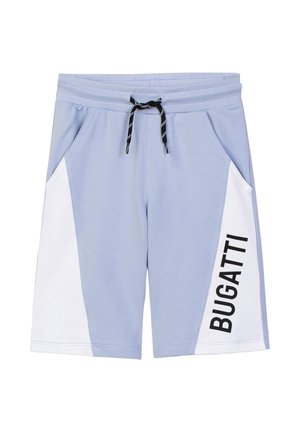 Pantaloncini azzurri chiaro e bianchi con coulisse nera e scritta "BUGATTI" stampata verticalmente sulla gamba destra.