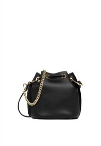 Sac en cuir noir texturé de forme seau avec une fermeture à cordon et une bandoulière en chaîne dor ée. Forme compacte avec une finition lisse.