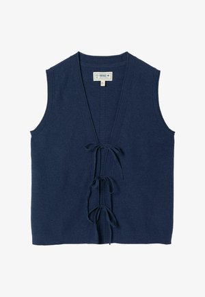 Marineblaues ärmelloses Strickweste mit V-Ausschnitt und drei vorderen Bindeverschlüssen, mit dem Etikett FatFace, hergestellt in Kambodscha.