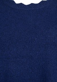 Navy blue sweater with a textured knit pattern, featuring a scalloped crew neckline and a soft, flexible fabric.
