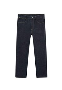 Dunkelblaue Denim-Jeans mit geradem Bein, ausgestattet mit fünf Taschen, gelben Nähten und einem Knopfverschluss an der Taille.