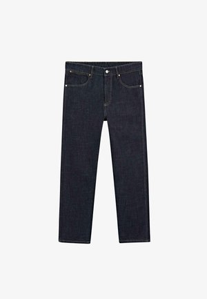 Dark blue denim jeans with a straight leg cut, featuring five pockets, yellow stitching, and a button closure at the waist.