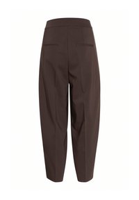 Pantaloni marroni su misura con vita alta, pieghe singole e due tasche posteriori. Tessuto liscio con un design strutturato.