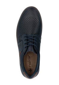 Navy leather shoe with perforated upper, contrasting brown accents, round toe, and lace-up design. Features cushioned insole with logo.