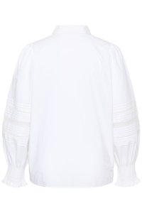 Weiße Bluse mit Kragen, langen, gerafften Ärmeln und dekorativen Raffungdetails an den Ärmeln. Glatte Stoffstruktur, minimalistisches Design.