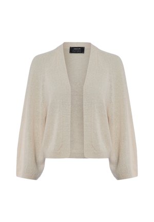 Lichtbeige open-front cardigan met lange, losse mouwen en geribbelde randen, getoond tegen een effen witte achtergrond.