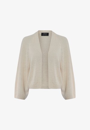 Lichtbeige open-front cardigan met lange, losse mouwen en geribbelde randen, getoond tegen een effen witte achtergrond.