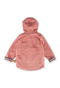 Felpa rosa morbida con una finitura texture, dotata di cappuccio e polsini a righe blu e rosa. Include un'ettichetta decorativa.
