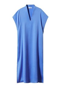 Blaues Kaftan-Kleid mit V-Ausschnitt und kurzen Ärmeln. Aus glattem Stoff gefertigt, mit weitem Schnitt und ohne Muster oder Verzierungen.