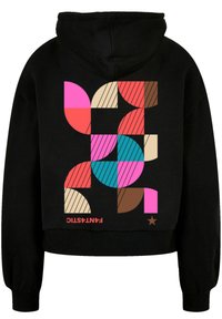 Black cropped hoodie featuring a geometric print in pink, teal, beige, and brown. Front displays "FANTASTIC" in bold red lettering.