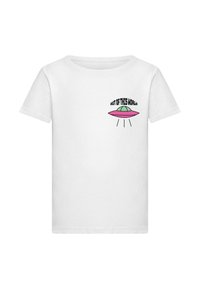 Weißes Baumwoll-T-Shirt mit einem grafischen Druck eines rosa UFOs mit einer grünen Kuppel und dem Text "OUT OF THIS WORLD" in Schwarz darüber.