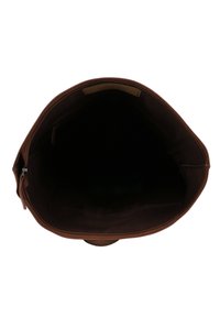 Brown leather bag with a zip closure. Interior is dark with no visible compartments or patterns. Smooth texture, round base, wide opening.
