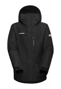 Czarna wodoodporna kurtka z wysokim kołnierzem, zapinaną na zamek kieszenią na piersi oraz bocznymi kieszeniami. Fleece'owe mankiety dla dodatkowego ciepła.