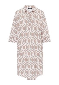 Robe col montant avec un motif géométrique beige et blanc, dotée de manches trois-quarts et d'une patte de boutonnage cachée. Texture de tissu lisse.